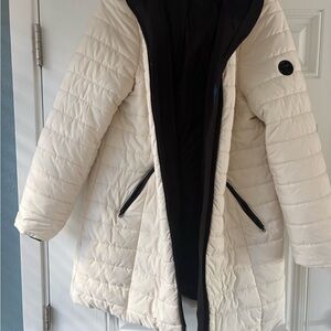 Talbots Cream Puffer Coat with Black Accents